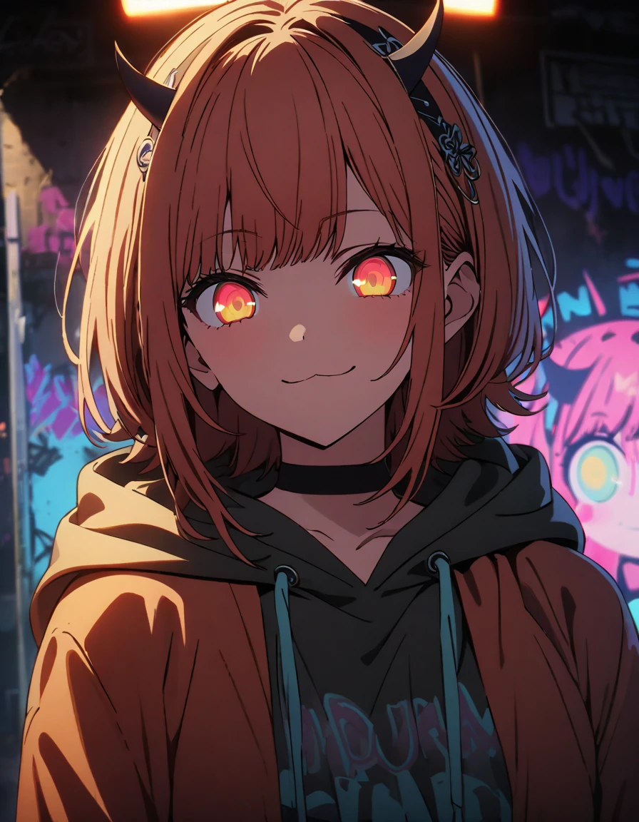 masterpiece,  top quality, 8k, Detailed Background , masterpiece,  top quality, smile,  ornament,  hoodie, Portraiture, Neon Red, graffiti, dark, night, Shining Eyes,  black light ,MEMcho,Horned headband