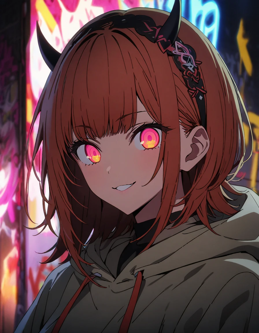 masterpiece,  top quality, 8k, Detailed Background , masterpiece,  top quality, smile,  ornament,  hoodie, Portraiture, Neon Red, graffiti, dark, night, Shining Eyes,  black light ,MEMcho,Horned headband