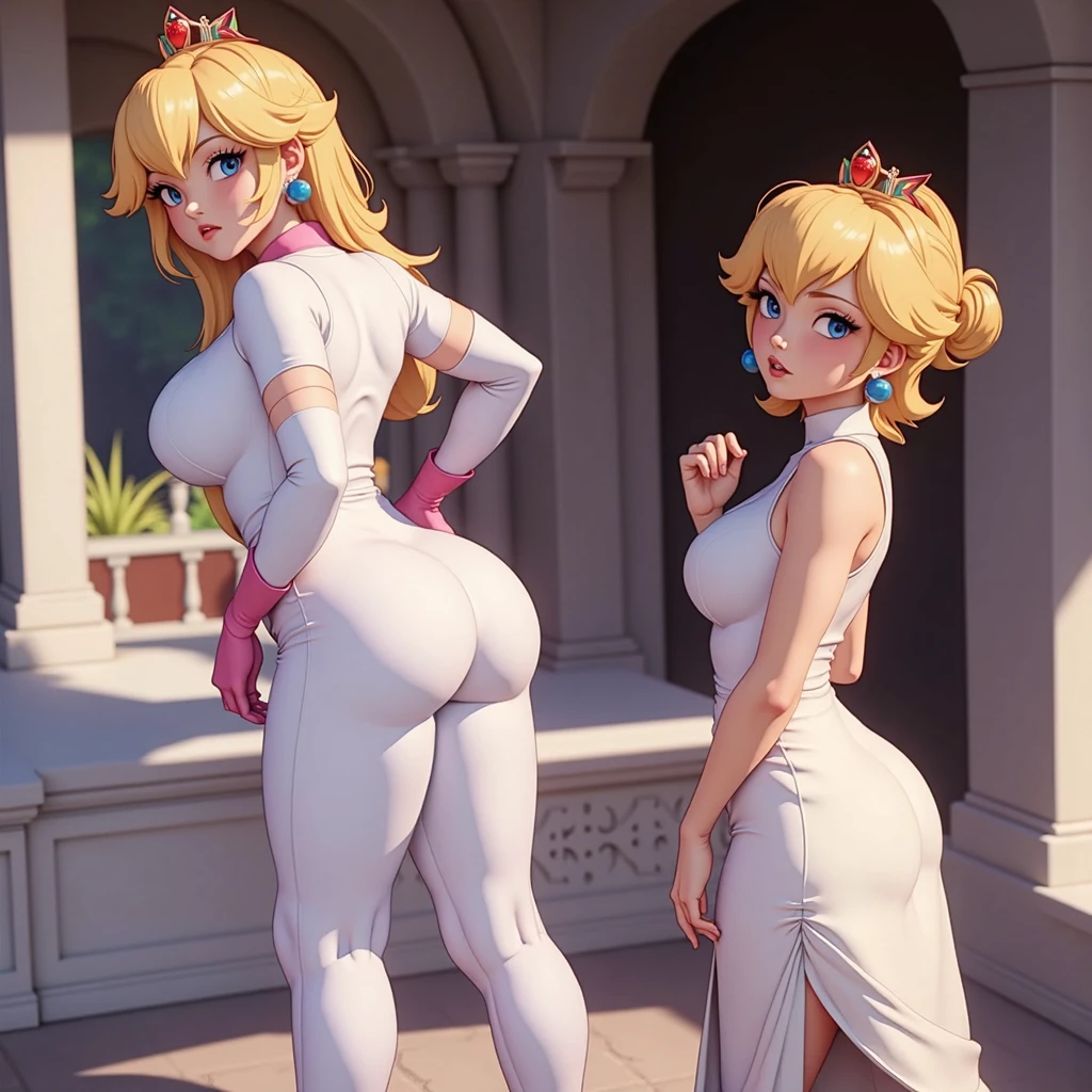 STICKER, (solid outline:1.3), (NSFW:1.2), A detailed illustration of a vivid Sexy Princess Peach from Mario kneeling down, bare breasts, pink thong, face view, Solo Female, big breasts, small golden crown, erect nipples, Full length View, high heeled boots, shoes visible, white gloves, no background, zoom out, centre model, vintage t-shirt design, in the style of hand drawing, 3D vector art, fantasy art, watercolour effect, Adobe Illustrator, hand-drawn, digital painting, low-poly, soft lighting, isometric style, retro aesthetic, focused on the character, 4K resolution, photo realistic rendering, using Cinema 4D,