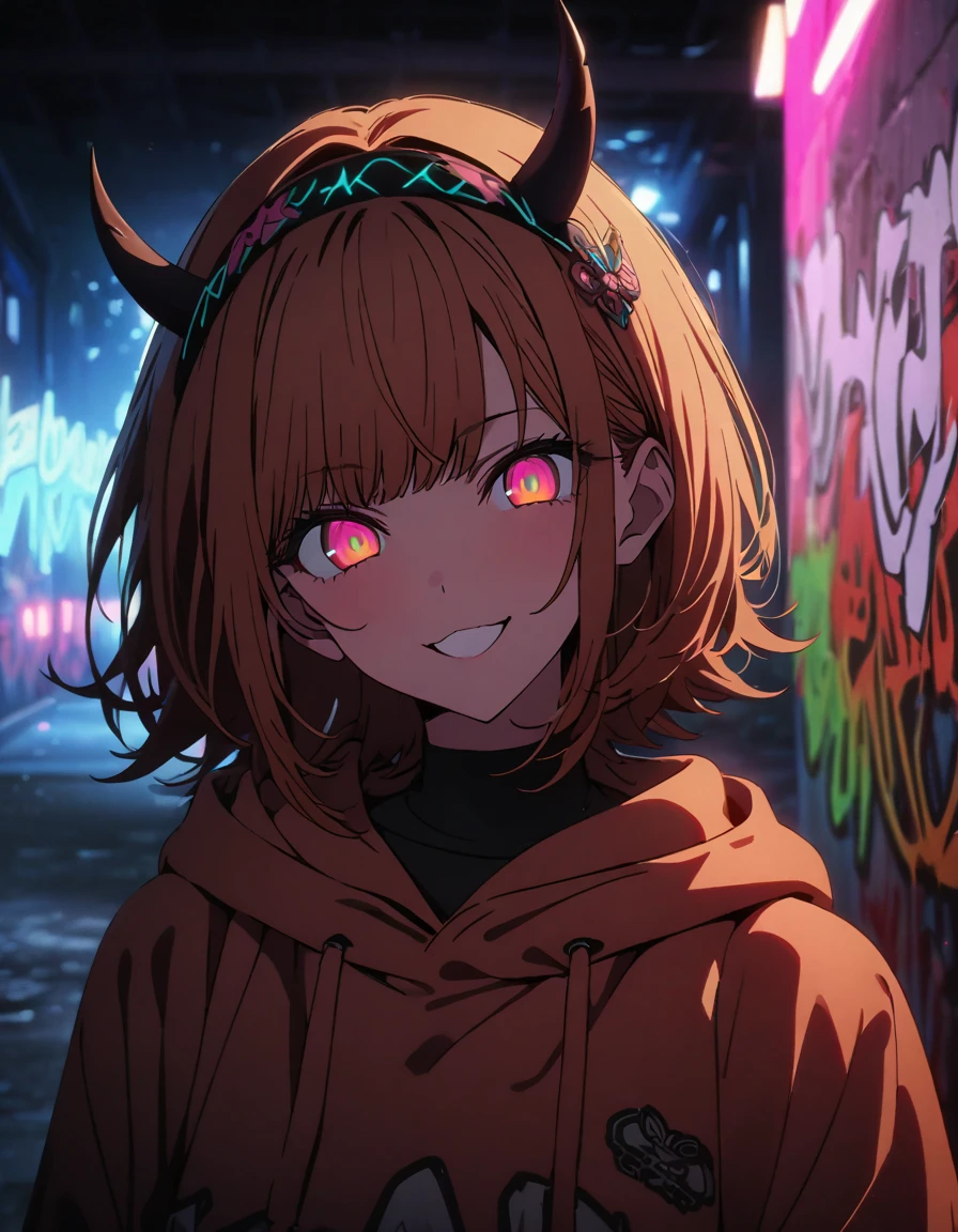 masterpiece,  top quality, 8k, Detailed Background , masterpiece,  top quality, smile,  ornament,  hoodie, Portraiture, Neon Red, graffiti, dark, night, Shining Eyes,  black light ,MEMcho,Horned headband