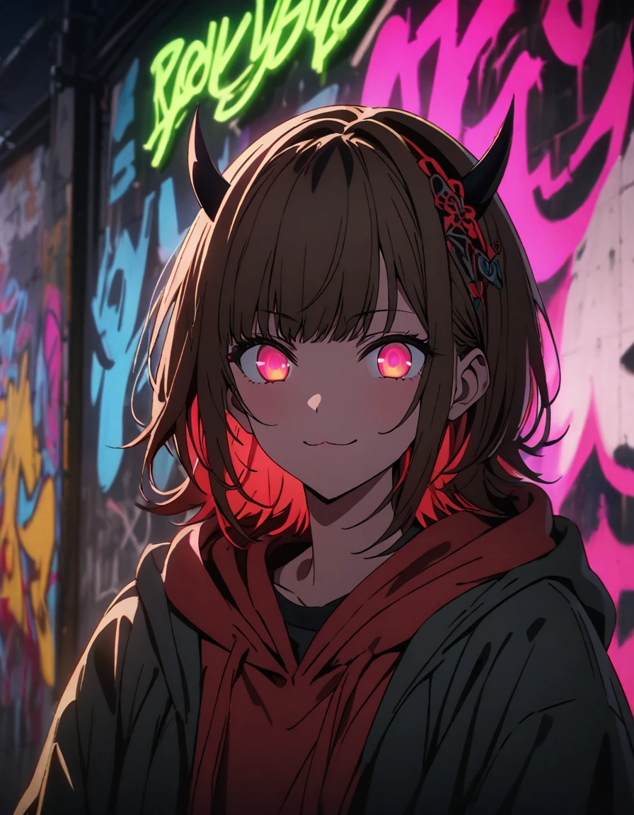 masterpiece,  top quality, 8k, Detailed Background , masterpiece,  top quality, smile,  ornament,  hoodie, Portraiture, Neon Red, graffiti, dark, night, Shining Eyes,  black light ,MEMcho,Horned headband