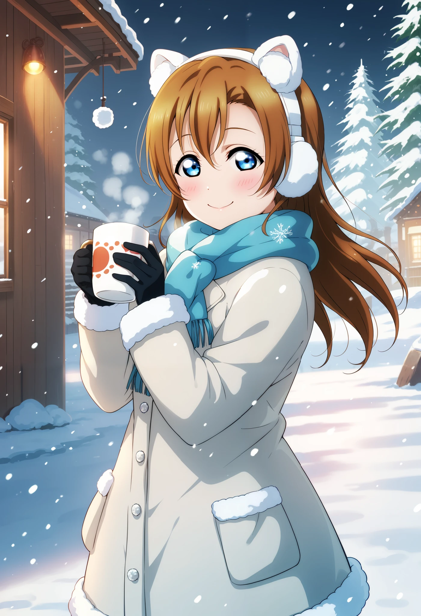 (Masterpiece, Best Quality, High Quality), anime style, love live,kousaka honoka , kousaka honoka,id_honoka_kosaka,love live, blue eyes, brown hair, 8k wallpaper, looking at viewer, (blushing:1.2) , winter, snow, snowing, white landscape, fluffy snowflakes, cold weather, dog ears accessory, fur-lined coat, scarf, gloves, earmuffs, cozy outfit, long hair, smiling softly, rosy cheeks, holding mug of hot drink, standing outdoors, serene expression, pine trees, snowy background, profile picture composition, centered character, soft lighting, blue tones, happy,blush, shiny snow on clothes, snowing breath