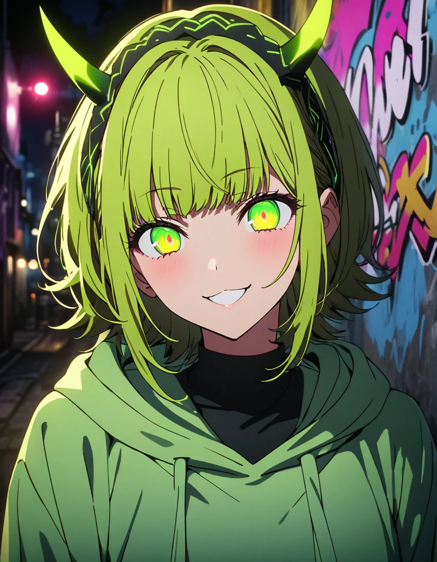 masterpiece,  top quality, 8k, Detailed Background , masterpiece,  top quality, smile,  ornament,  hoodie, Portraiture,  neon green, graffiti, dark, night, Shining Eyes,  black light ,MEMcho,Horned headband