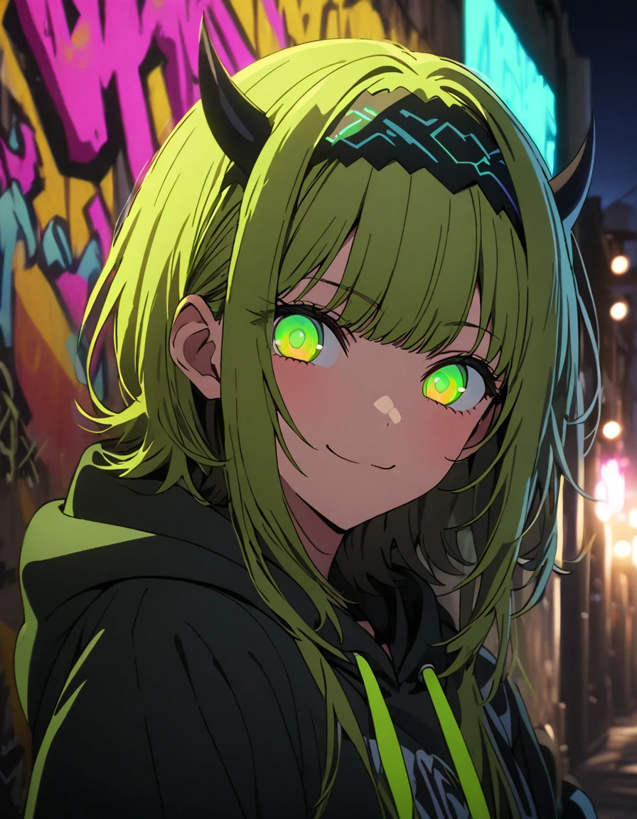 masterpiece,  top quality, 8k, Detailed Background , masterpiece,  top quality, smile,  ornament,  hoodie, Portraiture,  neon green, graffiti, dark, night, Shining Eyes,  black light ,MEMcho,Horned headband