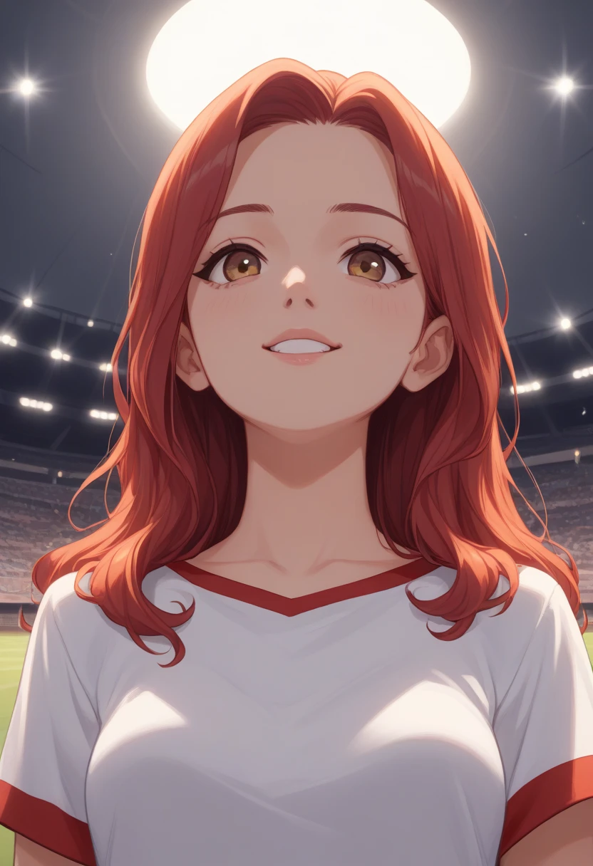 ( masterpiece :1.4), (melhor qualidaThe:1.4),  extremamente Thetalhado , intricate, hiper Thetalhada, ( perfect face ),  illustration, soft lighting , scenic, 1 , happy,  bright red hair, colorful, Colorized, The_below ,_costume , stadium 