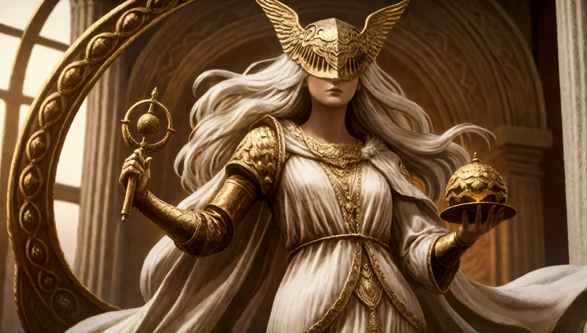 the goddess of justice, standing in a majestic pose.( She has long, snow-white hair) flowing like silk, with a neat blindfold symbolizing impartiality. The goddess is dressed in elegant white and gold robes with delicate decorative patterns emphasizing her divinity. In one hand, (she holds an ancient gold scale), symbolizing balance and justice. The background should be marble or celestial, with a slight glow, creating an atmosphere of grandeur and divine light (4k) full hd (8k)