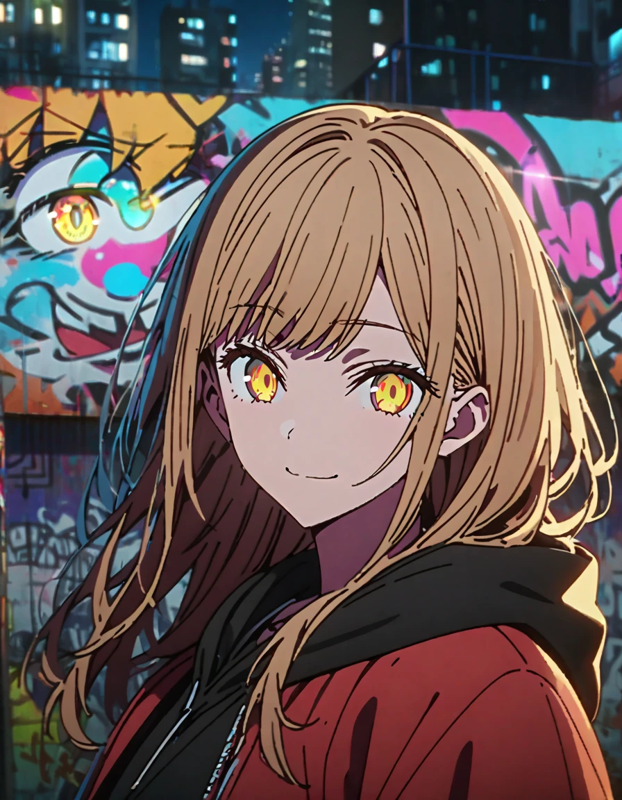 masterpiece,  top quality, 8k, Detailed Background , masterpiece,  top quality, smile,  ornament,  hoodie, Portraiture, Neon Red, graffiti, dark, night, Shining Eyes,  black light ,Shiranuhi frill 