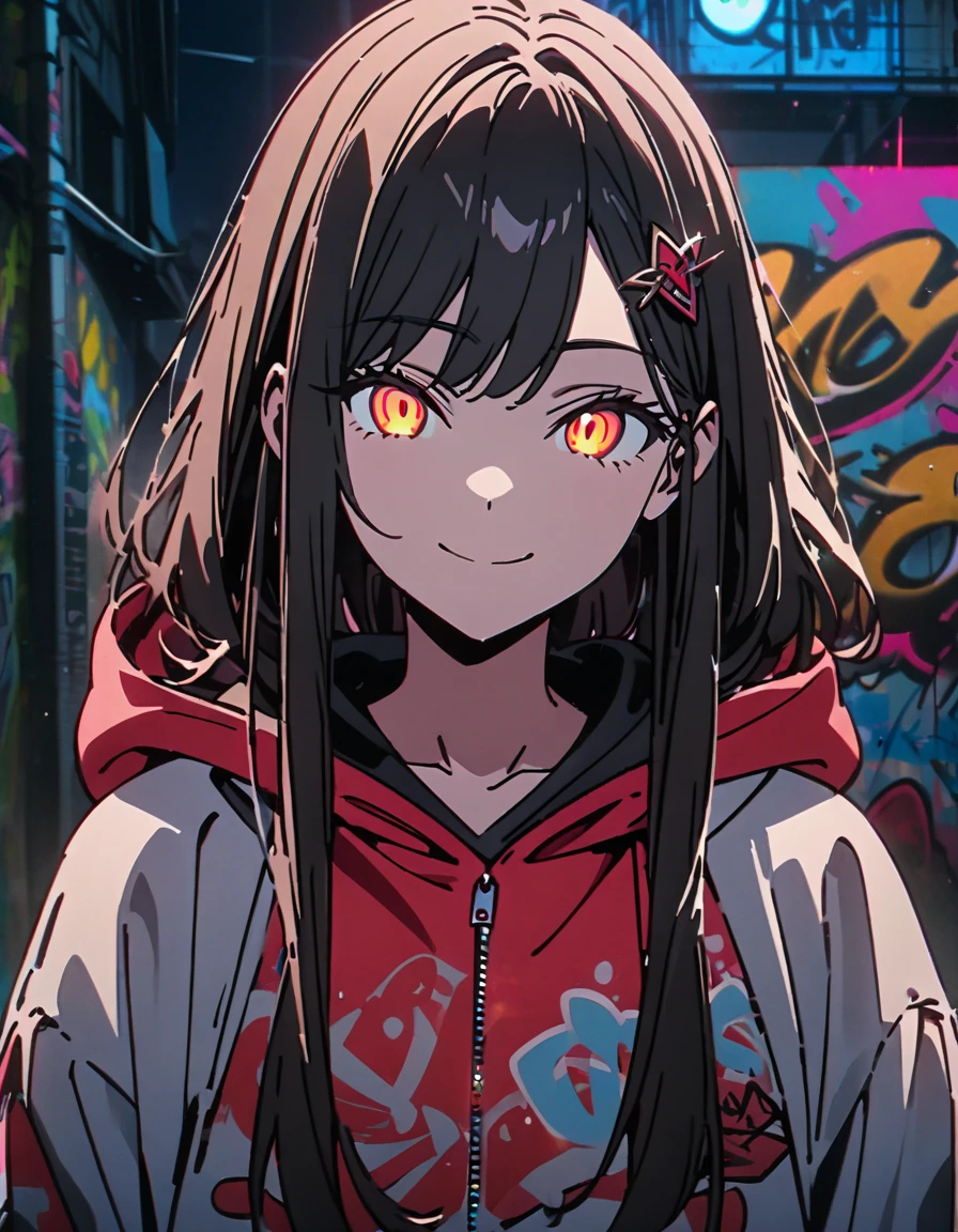 masterpiece,  top quality, 8k, Detailed Background , masterpiece,  top quality, smile,  ornament,  hoodie, Portraiture, Neon Red, graffiti, dark, night, Shining Eyes,  black light ,Shiranuhi frill 