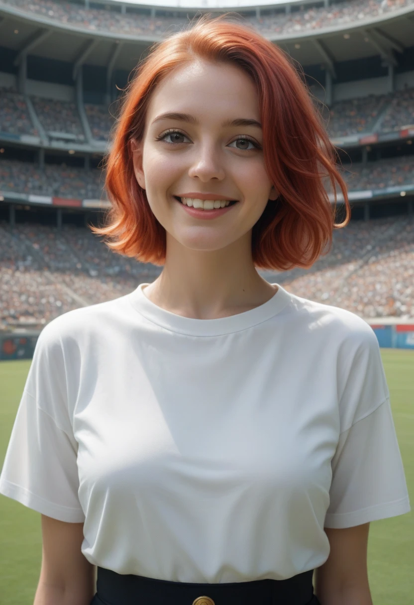 ( masterpiece :1.4), (melhor qualidaThe:1.4),  extremamente Thetalhado , intricate, hiper Thetalhada, ( perfect face ),  illustration, soft lighting , scenic, 1 , happy,  bright red hair, colorful, Colorized, The_below ,_costume , stadium 