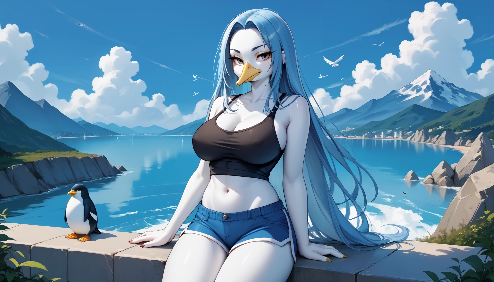 score_9_up, score_8_up, score_7_up, 1girl, solo, source_anime, Bird, anthro bird, anthro furry bird, penguin girl, yellow beak BREAK 

Long hair, blue hair, large breasts, (plumage, white plumage, white plumage skin, white skin) BREAK

Black tank top, navel, blue shorts BREAK 

Bored face, looking at viewer, outdoors, mountains, background sky, cloudy sky, blue sky BREAK 