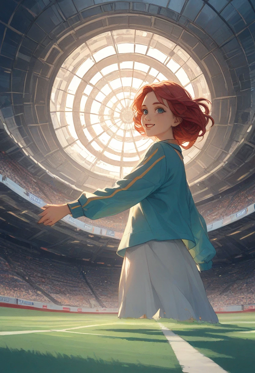 ( masterpiece :1.4), (melhor qualidaThe:1.4),  extremamente Thetalhado , intricate, hiper Thetalhada, ( perfect face ),  illustration, soft lighting , scenic, 1 , happy,  bright red hair, colorful, Colorized, The_below ,_costume , stadium 