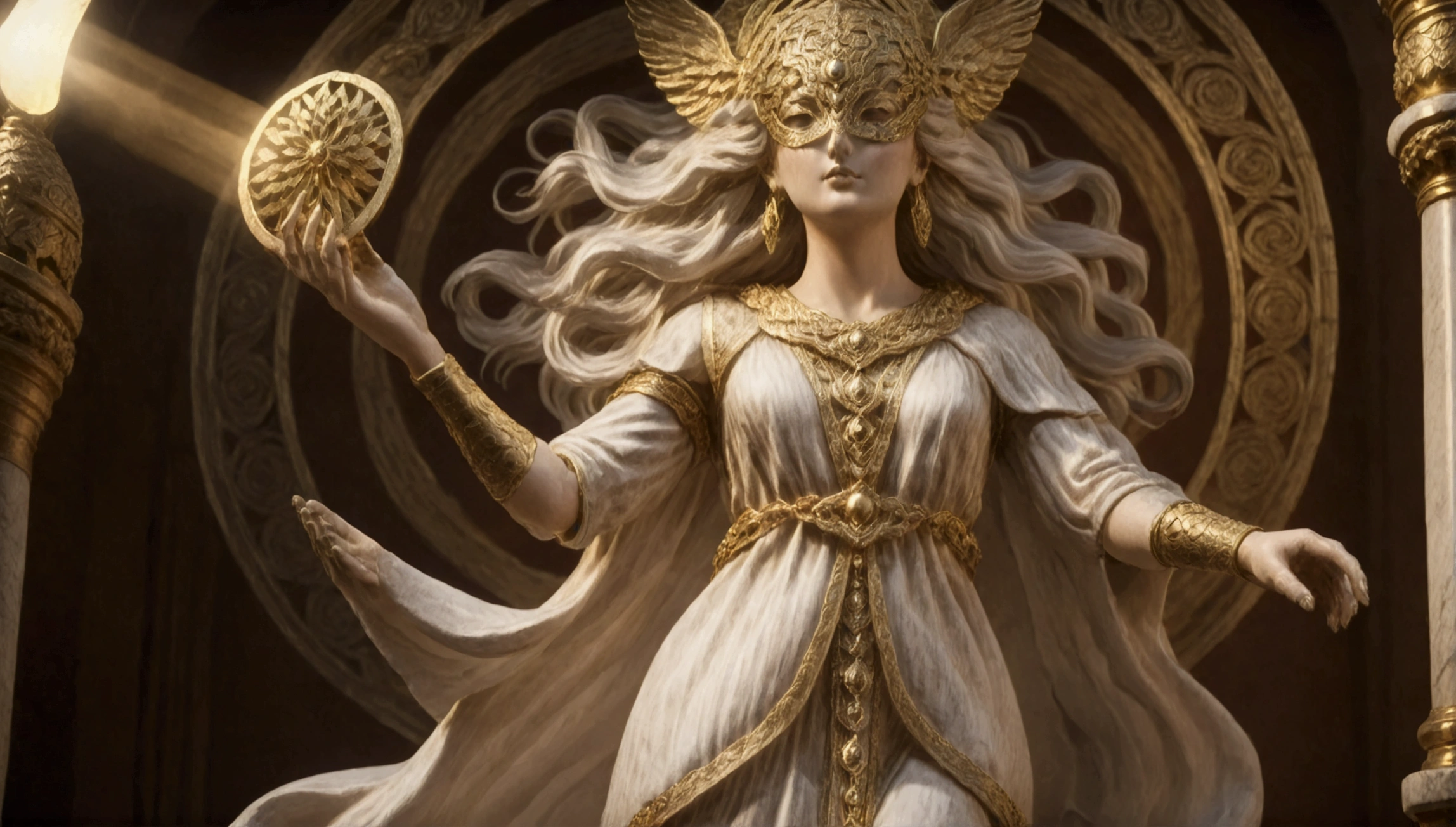 the goddess of justice, standing in a majestic pose.( She has long, snow-white hair) flowing like silk, with a neat blindfold symbolizing impartiality. The goddess is dressed in elegant white and gold robes with delicate decorative patterns emphasizing her divinity. In one hand, (she holds an ancient gold scale), symbolizing balance and justice. The background should be marble or celestial, with a slight glow, creating an atmosphere of grandeur and divine light (4k) full hd