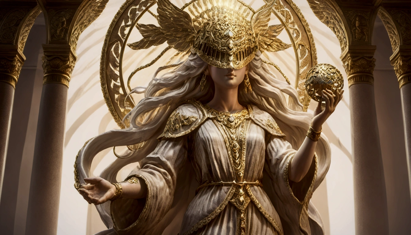 the goddess of justice, standing in a majestic pose.( She has long, snow-white hair) flowing like silk, with a neat blindfold symbolizing impartiality. The goddess is dressed in elegant white and gold robes with delicate decorative patterns emphasizing her divinity. In one hand, (she holds an ancient gold scale), symbolizing balance and justice. The background should be marble or celestial, with a slight glow, creating an atmosphere of grandeur and divine light (4k) full hd