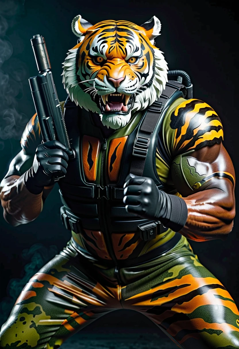 (a dark-skinned fat muscular old man in a skintight army camouflage zipper diver suit) thumbs up pose, carrying an AK-47, (wearing a small-sized realistic roaring tiger mask), dynamic action pose, fierce expression, roaring, showcasing an imposing stature, surrounded by military elements, dramatic shadows and intense highlights, cinematic color tones, high detail, powerful, art influenced by Bruce Onobrakpeya and Stanley Artgerm, ultra-detailed, best quality image, action-packed atmosphere.