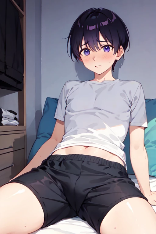 １４age　一peopleの男の子　 in underwear　 shorts　 lies down　Anxious expression　Open shirt　３people