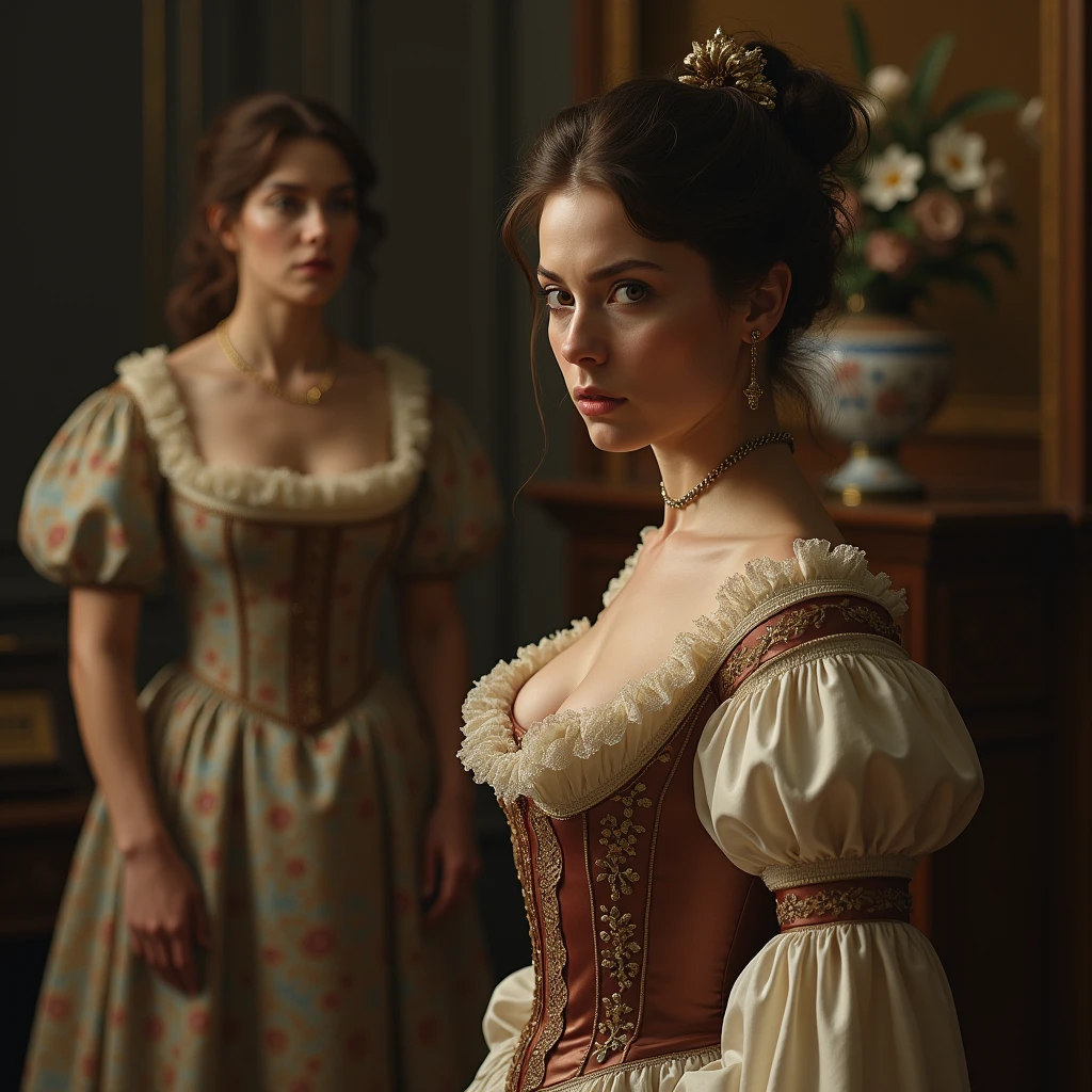 ((A professional high quality pre-Raphaelite painting)), ((high quality, 4k, realistic anatomy, realistic face, high detailed face, high detailed skin)), (medieval period nobility), (beautiful mature 26 years old French woman), ((modest clothing)), (busty), very long curly hair, (visible pores), focus on the eyes, shy smile, ((chubby body)), corridor background, (angular face, slightly masculine feature face), half body, sitting pose, ((DSLR lighting)),