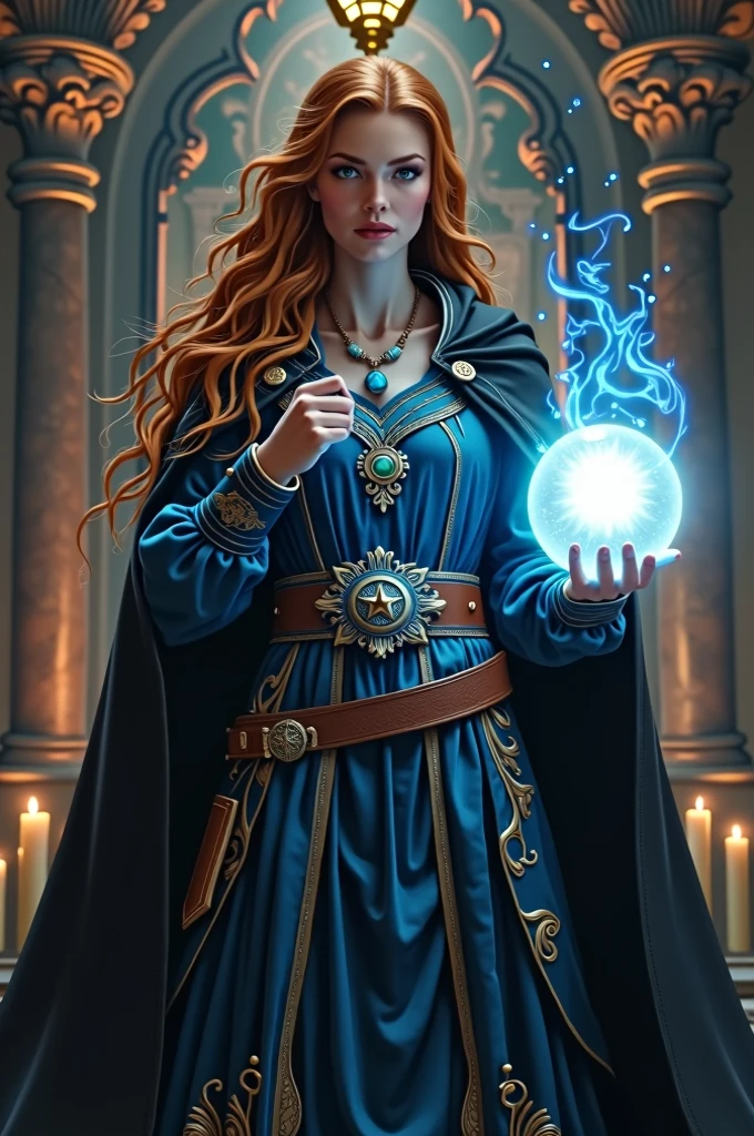 Generate an adult female Jaina from Warcraft. She wears a white and blue light witch robe. She stands in the palace library. (masterpiece, best quality:1.3) WowJaina Fantasy style. Realistic drawn image.