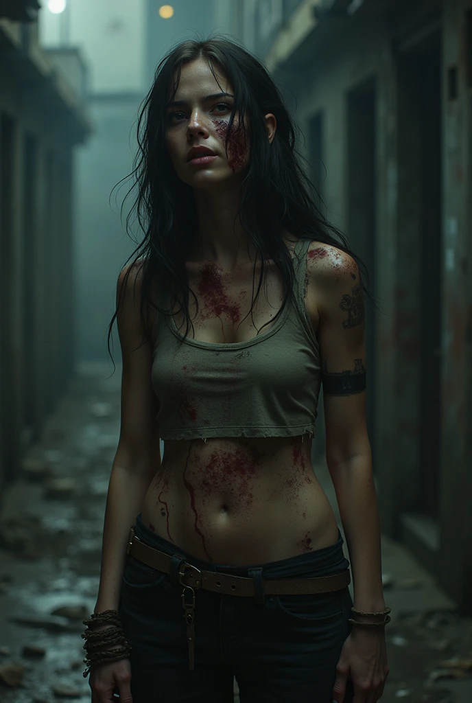 a cute girl, (epic portrait:0.85), flowing hair, sweaty skin, night, [[soft cinematic light, adobe lightroom, photolab, hdr, intricate, highly detailed, ]],(depth of field), epic realistic, (bloodpunk:1.2), gore