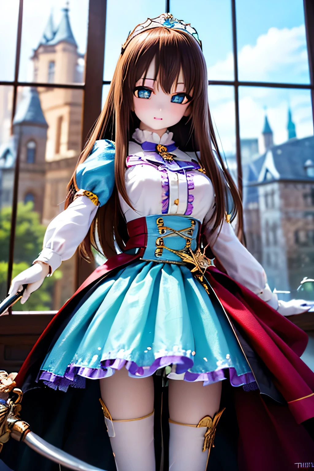 (SFW:2), photorealistic, realistic photo, 8k, Canon EOS, ((highest quality)), ((masterpiece)), (extremely detailed), dd, doll, idol dress, (mature woman, 19yo, 19 years old, solo, castle:1.6), (from front, prepare a rapier, tiara, brown hair, long hair, idol dress, thigh highs, empty eyes, blank stares, green eyes, glass eyes, shining eyes, looking at viewer, detailed face:1.3)