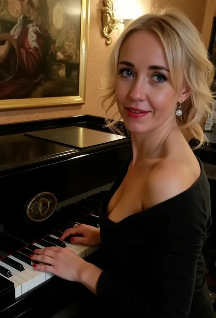 a woman in a stylish hairstyle sitting in front of a piano, camera pulling away, highly detailed, hyper realistic, photorealistic, cinematic lighting, soft focus, elegant, glamorous, beautiful detailed eyes, beautiful detailed lips, extremely detailed facial features, long eyelashes, serene expression, hands gracefully resting on piano keys, intricate piano details, warm lighting, ambient depth of field, cinematic composition, dramatic contrast, rich colors