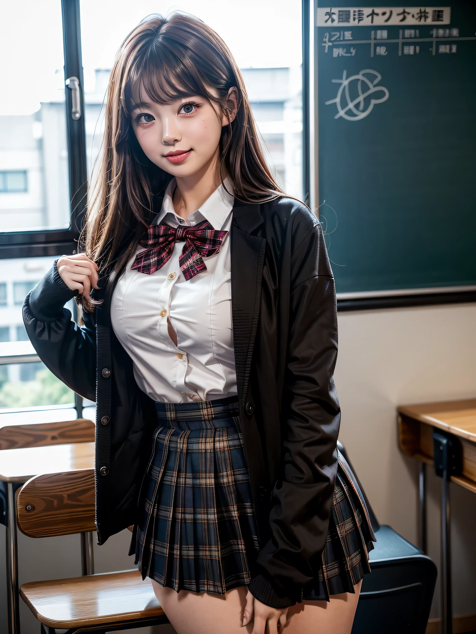 ((solo)), ((1 girl)), Panties Small、classroom、((Embarrassing))、1girl, brown hair, long hair, bangs, brown eyes, medium breasts, red bowtie, school uniform, black jacket, open jacket, brown cardigan, white shirt, black skirt, plaid skirt, high school girl, blush, White underwear is visible, droopy eyes, shiny skin, glamorous, voluptuous, beautiful breasts, beautiful ass, cute face, Japanese idol, real person, front view, dynamic angle, slightly smile, hands behind back, 