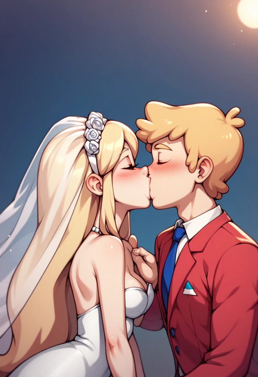 mabel pines\(gravity falls)\(blond:1.4)(small breasts:1.4) and dipper pines\(gravity falls)\(brunnet:1.4) getting married , nsfw , adult_rating, 1boy, 1 girl,  teen, romantic, blonde, classic white wedding dress, classy, form fitting, kissing