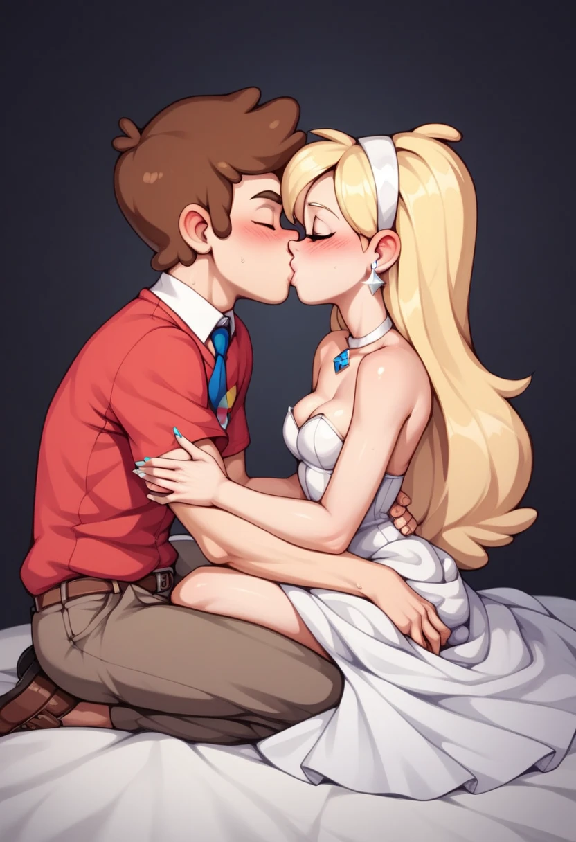 mabel pines\(gravity falls)\(blond:1.4)(small breasts:1.4) and dipper pines\(gravity falls)\(brunnet:1.4) getting married , nsfw , adult_rating, 1boy, 1 girl,  teen, romantic, blonde, classic white wedding dress, classy, form fitting, kissing