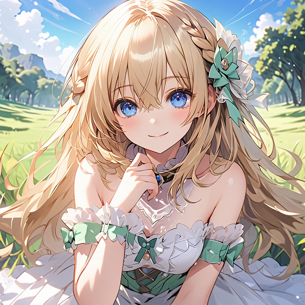 nsfw,(Completely naked:1.5)、Green \(Neptunia )\, blonde hair, blue eyes, smile,long hair, french braid, sidelocks, small breasts, narrow waist, wide hips, (Completely naked:1.5),(bridal garter:1.５),grassland、blue sky、 cowboy shot 、 ( perfect anatomy ),( best quality), ( ultra hi-res), ( 超high definition ), ( Highly Detailed CG), (32K), (masterpiece)、eyesHD