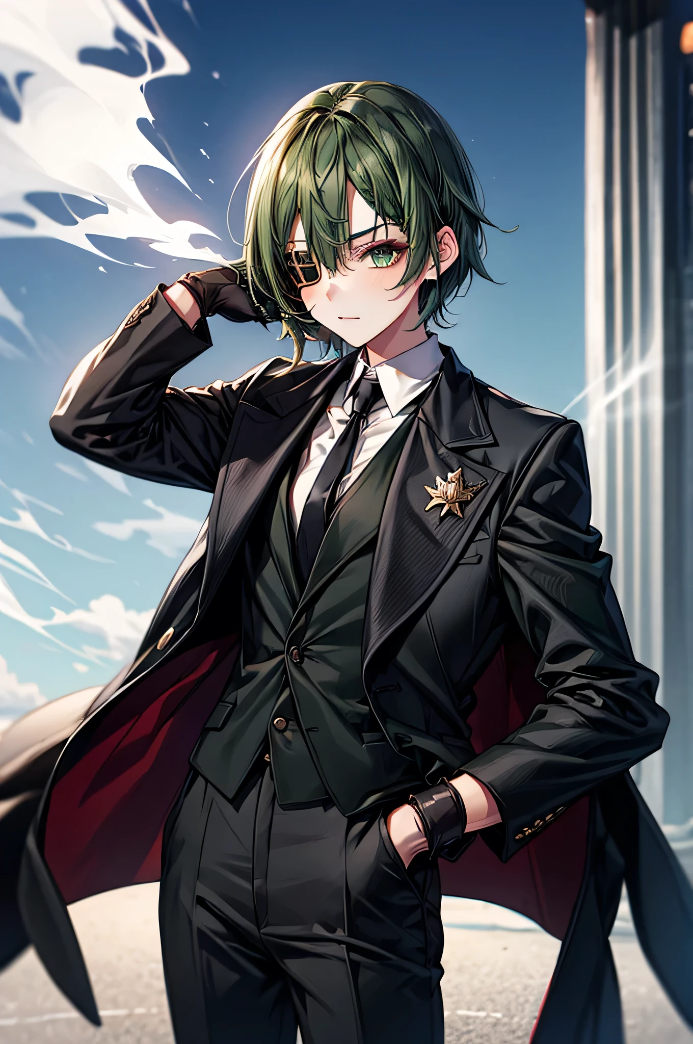  One Girl ，Dark green hair， short hair，Eye patch(right eye)， green eyes(left eye)， black suit， white shirt， black tie， black pants， Black Gloves ， smokes ， is cool， handsome，Around town