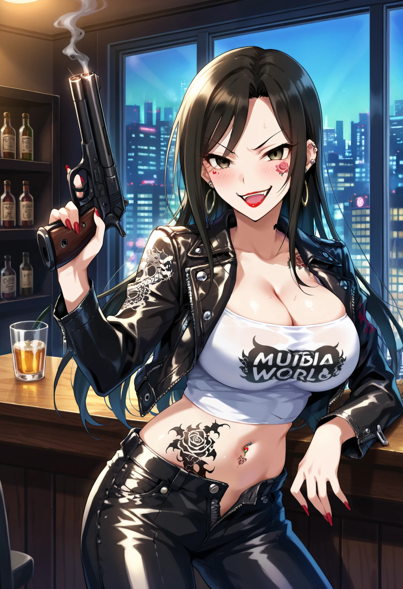 score_9, score_8_up, score_7_up, source_anime,mukai takumi, long hair, black hair, hazel eyes, 1girl, smirk, red lips, large breasts, bad attitude, mean girl, ear piercing, long hair, blush, lipstick,Hot girl, baddie, smoking, sensual, attractive , bar background, inside bar,indoors, bar, indoor, cityscape, building, masterpiece, best quality, highly detailed, a girls with a gun, evil smile , open mouth, sexy gaze, badass
pose , evil smile, smile, (nsfw) not safe for work, guns blazing, anime girl with long hair, beautiful long
haired girl, navel, evil expression, exposed belly, exposed navel, exposed midriff, exposed lower belly,
long black pants, crop top, cleavage, unbuttoned leather pants ,open fly, low rise black leather pants,
leather jacket, holding a gun, holding pistol, navel piercing , cleavage, unbuttoned shirt,shirt, knot, , tattoo on body, rose tattoo, dragon tattoo, , shiny skin, navel piercing