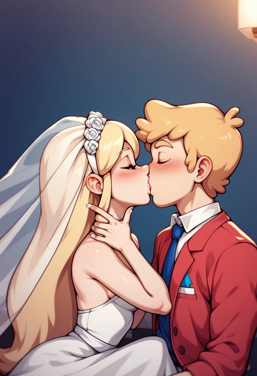 mabel pines\(gravity falls)\(brunette:1.4)(small breasts:1.4) and dipper pines\(gravity falls)\(brunnet:1.4) getting married , nsfw , adult_rating, 1boy, 1 girl,  teen, romantic, blonde, classic white wedding dress, classy, form fitting, kissing