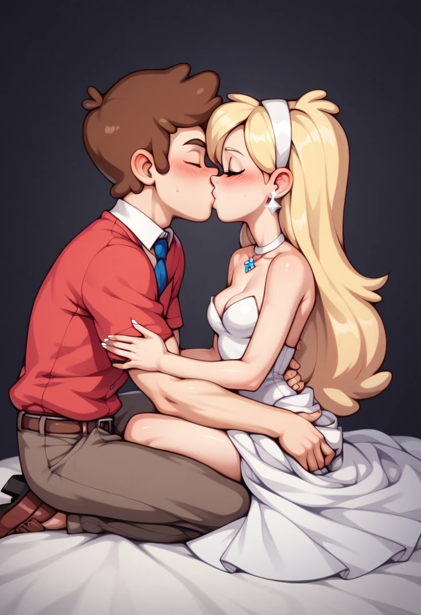 mabel pines\(gravity falls)\(brunette:1.4)(small breasts:1.4) and dipper pines\(gravity falls)\(brunnet:1.4) getting married , nsfw , adult_rating, 1boy, 1 girl,  teen, romantic, blonde, classic white wedding dress, classy, form fitting, kissing