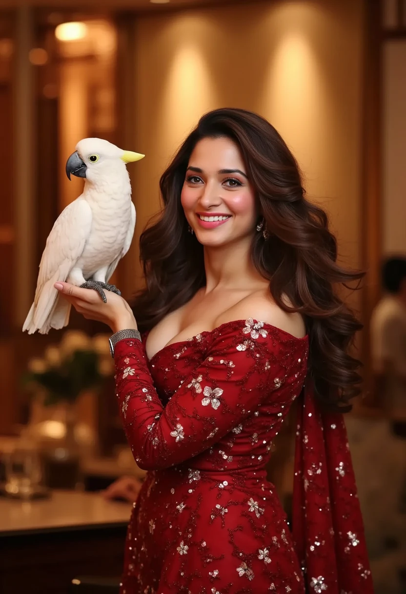 "A beautiful woman dressed in an elegant red gown with intricate floral patterns, standing confidently in a glamorous indoor setting. She is holding a white cockatoo bird on her hand, which looks majestic and serene. The woman has long, flowing wavy hair and a radiant smile, illuminated by a warm, golden spotlight in the background. The atmosphere exudes sophistication and charm, with a soft blur in the background to emphasize the subject. The lighting highlights the details of her dress and the bird's feathers, creating a luxurious and captivating scene."