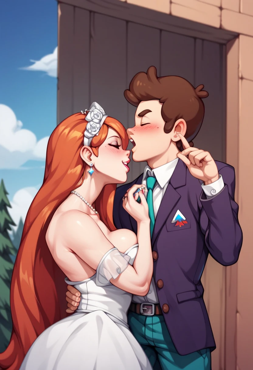 wendy corduroy\(gravity falls)\(blond:1.4)(large breasts:1.4) and dipper pines\(gravity falls)\(brunnet:1.4) getting married , nsfw , adult_rating, 1boy, 1 girl,  teen, romantic,  classic white wedding dress, classy, form fitting, kissing