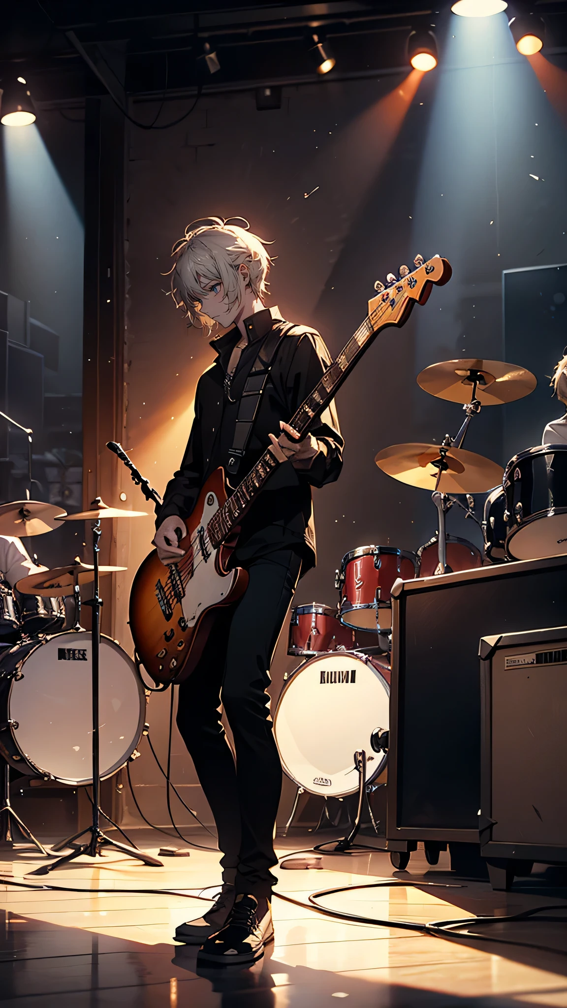“In a small, dimly lit rehearsal studio, the atmosphere is tense as the band struggles with their latest song. The lead guitarist looks frustrated, adjusting his strings repeatedly, while the vocalist sits against the wall, staring at the floor with a mix of doubt and exhaustion. The drummer taps his sticks nervously, waiting for the others to regroup, and the bassist stands with his arms crossed, watching the situation unfold. The studio is cluttered with musical gear and empty coffee cups, the mood heavy with frustration and creative block. A single fluorescent light flickers above, casting harsh shadows in the room.”