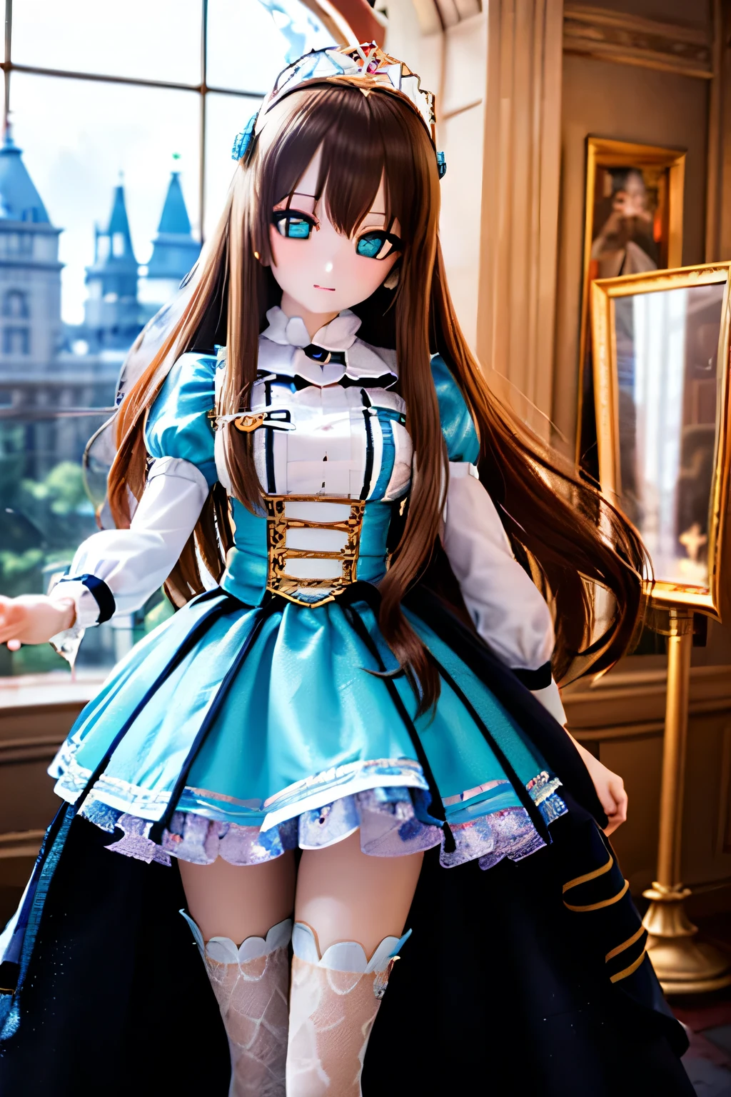 (SFW:2), photorealistic, realistic photo, 8k, Canon EOS, ((highest quality)), ((masterpiece)), (extremely detailed), dd, doll, idol dress, (mature woman, 19yo, 19 years old, solo, castle:1.6), (from front, prepare a rapier, tiara, brown hair, long hair, idol dress, thigh highs, empty eyes, blank stares, green eyes, glass eyes, shining eyes, looking at viewer, detailed face:1.3)