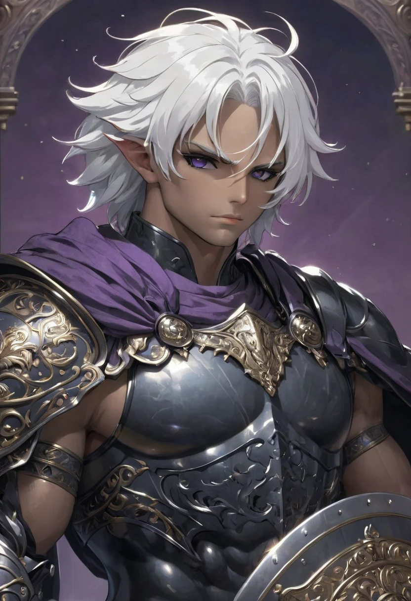 anime, planitia, (((one girl))),(masterpiece, best quality, ultra-detailed, best shadow), (detailed background,dark fantasy), (obsidian white human detailed head), best quality, cinematic lighting, dark, elf, full boody, greek god, white hair, masculine, (Matt black eyes), mature, handsome, muscular abs, hairy torso, fantasy, intricate, elegant, highly detailed, digital painting, artstation, concept art, smooth, sharp focus, illustration, art by gaston bussiere and alphonse mucha obsidian armor on torso. (((holding big roman shield))). purple. 