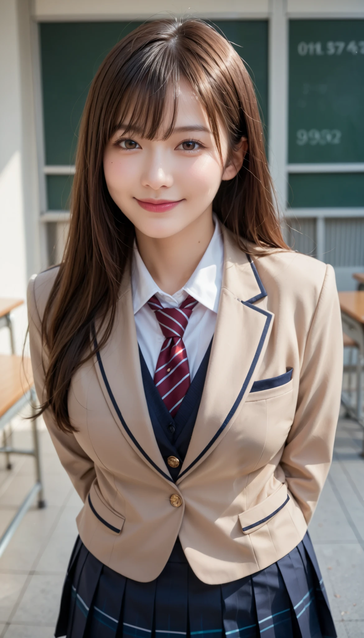 score_9,score_8_up,score_7_up,ultra detailed,absolutely resolution, detailed beautiful face and eyes,hyper realistic,beautiful girl,brown hair,straight hair,realistic tan skin,embarrassed Smile,school uniform,blazer,pleats skirt,natural huge breast,leaning forward,arms behind back,from pov,looking at viewer,school