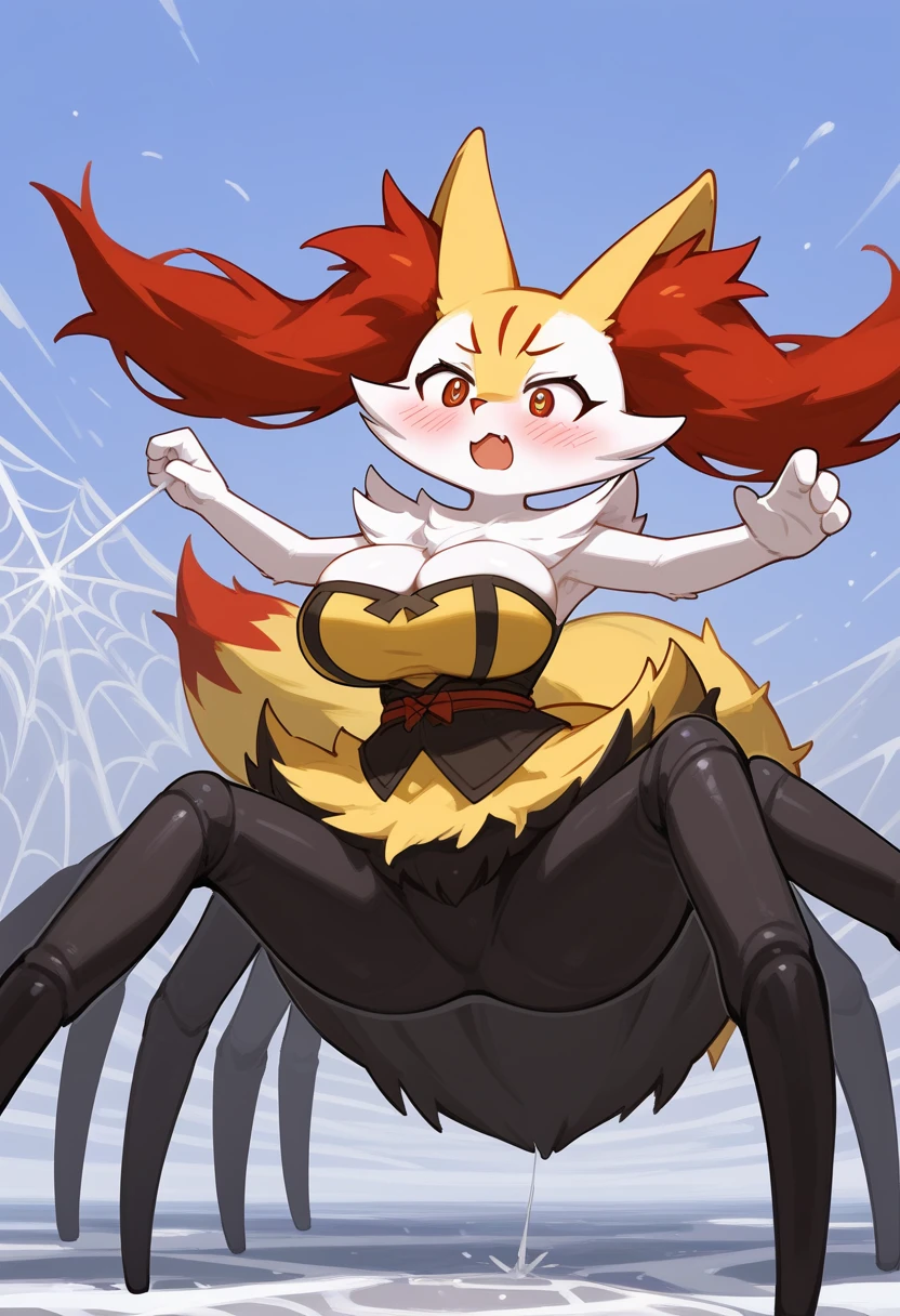 alone, score_9,score_8_up,score_7_up, anthro braixen , embarassed, blush, yellow and white fur, big hips, outside, a lot of spider webs around, armpits  ,big breasts, cleavage keyhole , wide hips, random clothes,( orgasm),  skirt l, Arachne, Taur, Spider Body