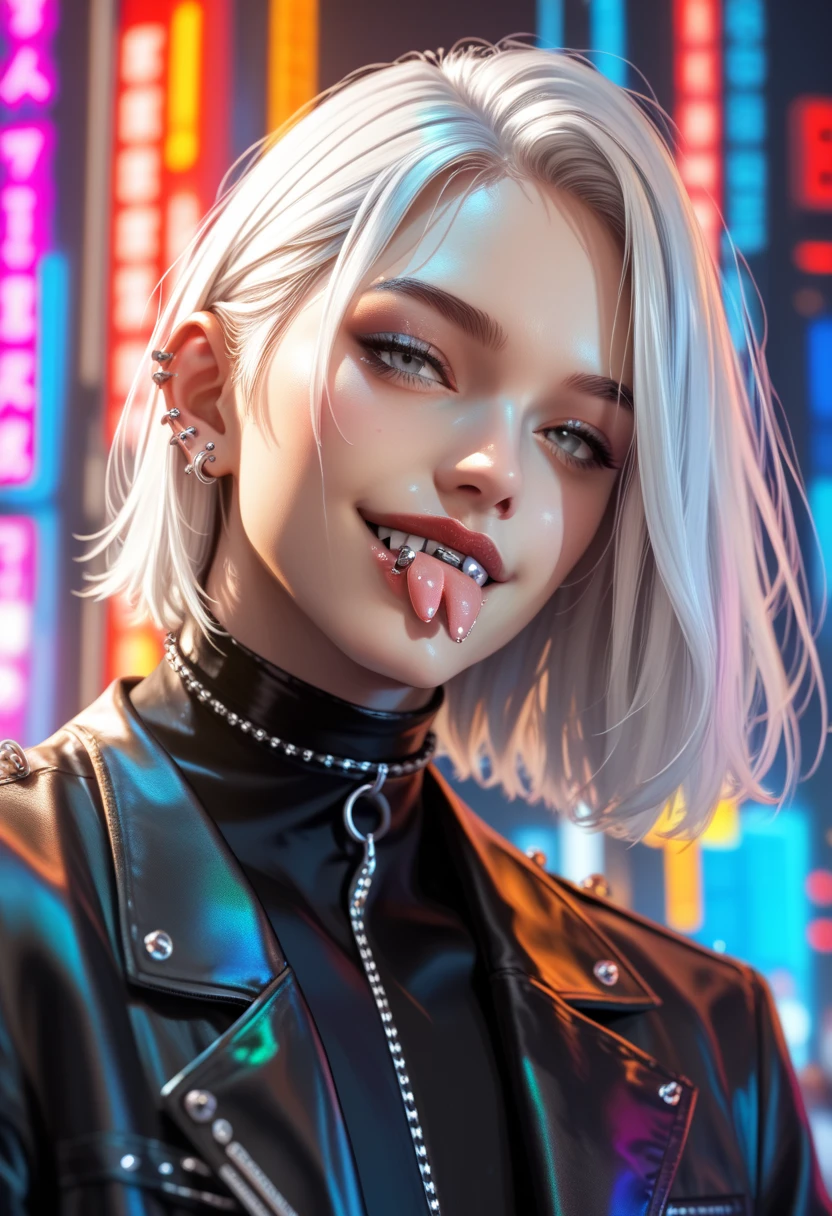  score_9,  score_8_above,  score_7_above, a hyper-realistic and ultra-detailed photo of a beautiful man, ultra-realistic, naked, small forked tongue, tongue piercing, aboveper body,  looking at the spectator,  seductive smile, 1 ,  Gojo Satoru,  white hair, black sale,  black jacket , high neck,  long sleeves, perfect eyes, gray eyes,  th3rm4l, colorful, male haircut, ((black body from the neck down)), gothic,