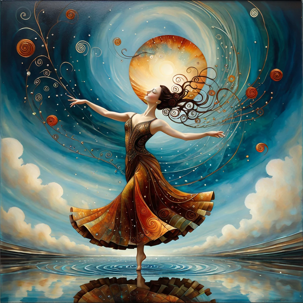 Oil and acrylic painting. In the style of Andy Kehoe and Tracy Grimwood, Catrin Welz-Stein, Klimt. (solo Tango dancer), practicing solo tango steps, on the waters of a lake of scratched glass shards. Clouds of blown glass and suns casting soft light, floor of opolascent spirals reflecting movement, elegant pose, graceful expression, warm and inviting environment, shadows and warm colors enhancing the atmosphere of passion and artistry.
