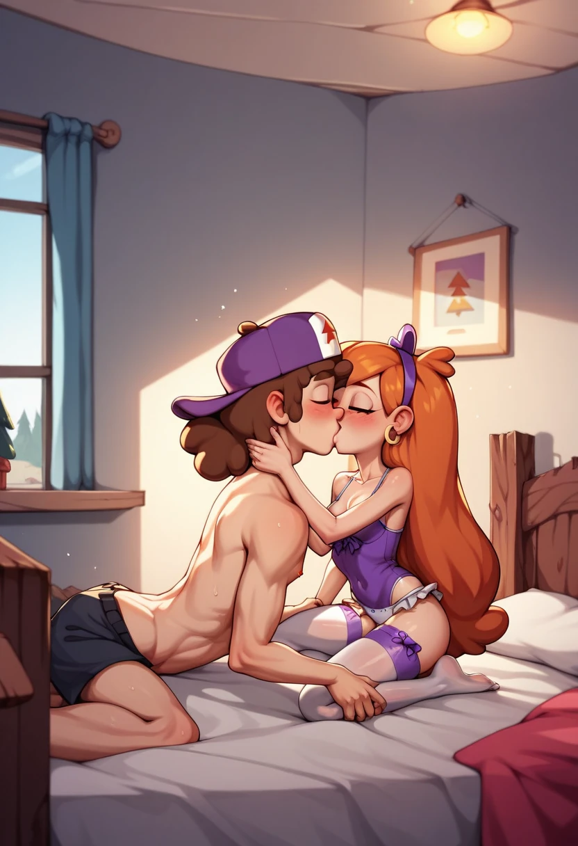 mabel pines\(gravity falls)\(ginger:1.4)(small breasts:1.4) and dipper pines\(gravity falls)\(brunnet:1.4) on honeymoon , nsfw , adult_rating, 1boy, 1 girl,  teen, romantic,  bridal lingerie with garterbelt,  kissing, hotelroom, purple hairband