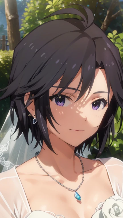 , short hair, ,( black hair), small breasts, masterpiece,  top quality,  high definition ,  Beautiful Detailed Eyes ,  extremely detailed face,  good lighting ,  CG in detail,  messy hair, garden,   Light Smile , V-neck wedding dress,  necklace, gem,  earrings