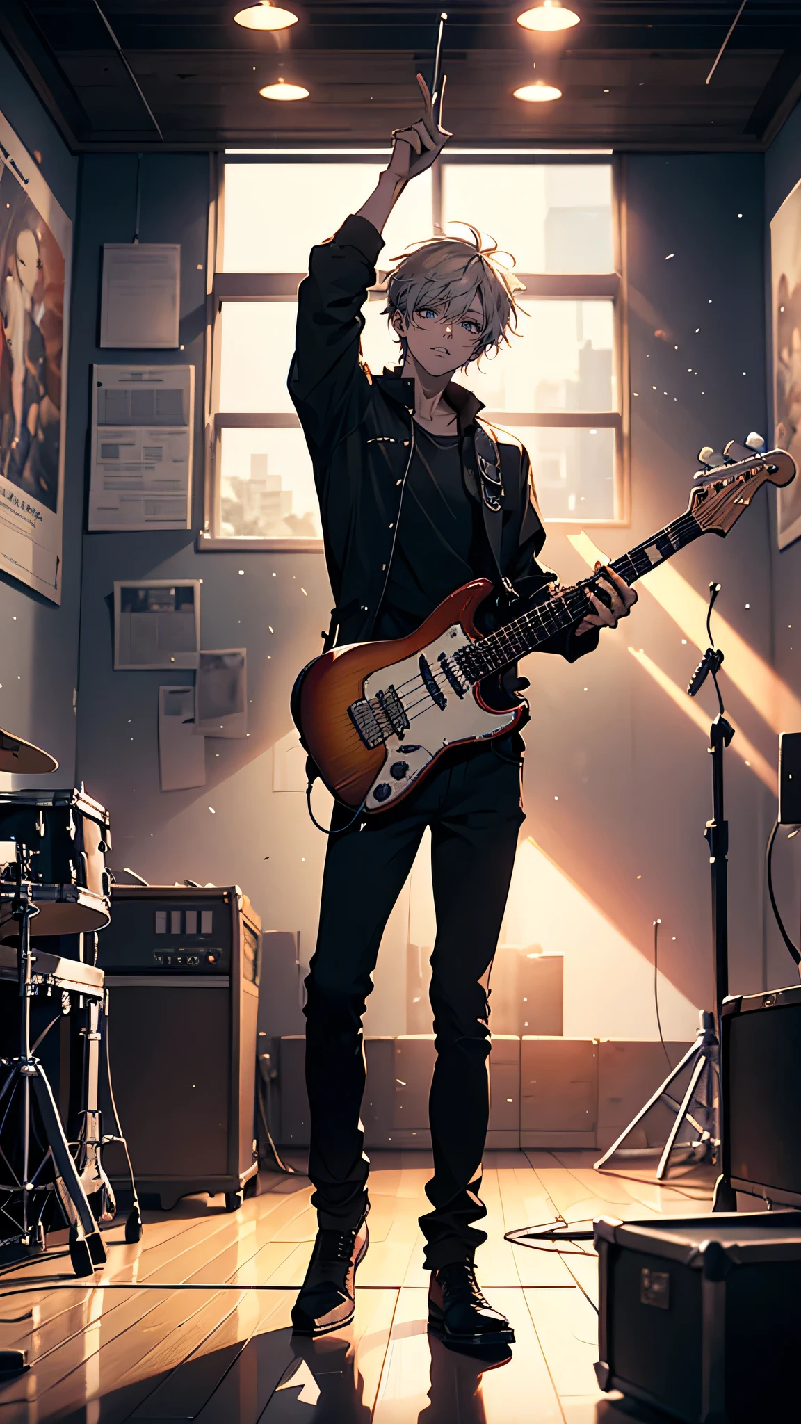 “Inside a cluttered rehearsal space, the atmosphere is thick with tension as the band members argue over the direction of their next song. The lead guitarist stands with his arms crossed, visibly frustrated, while the vocalist passionately gestures, trying to explain his vision. The bassist leans against the wall, watching the heated exchange with a worried expression, while the drummer taps his sticks impatiently on his leg. The walls are lined with old posters, and various musical equipment lies scattered across the floor. The light above flickers slightly, adding to the uneasy atmosphere, as the band’s creative differences come to a boiling point.”