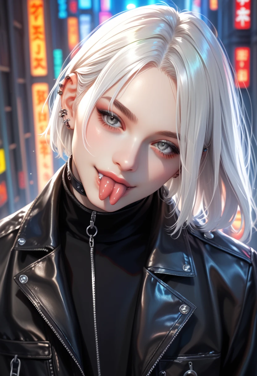  score_9,  score_8_above,  score_7_above, a hyper-realistic and ultra-detailed photo of a beautiful man, ultra-realistic, naked, small forked tongue, aboveper body,  looking at the spectator,  seductive smile, 1 ,  Gojo Satoru,  white hair, black sale,  black jacket , high neck,  long sleeves, perfect eyes, gray eyes,  th3rm4l, colorful, male haircut, ((black body from the neck down)), gothic,