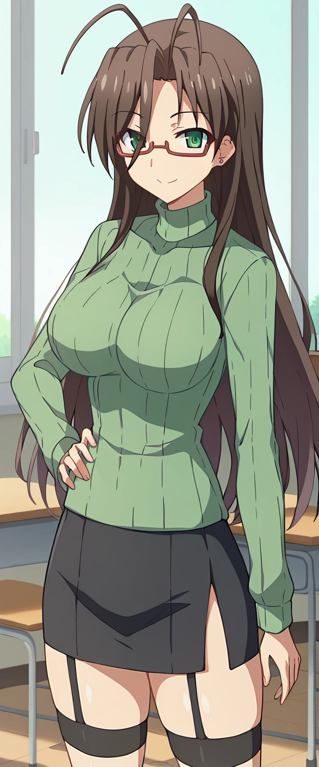 score_9、score_8_up、score_7_up、source_anime、、Hasegawa Chisato、 mature woman、 1 girl、Shut your mouth、Smile lightly、 brown hair 、 green eyes、 hair like antennae 、 long hair、Semi-rimless glasses、Senri School 、White、Green Sweater、 turtleneck 、 garter strap 、 black knee socks、 black skirt、 pencil skirt 、 looking at the viewer 、 cowboy shot 、 I'm putting my hand on my waist、indoor、classroom