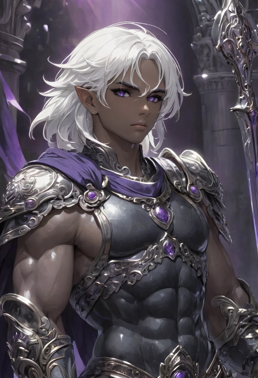 anime, planitia, (((one girl))),(masterpiece, best quality, ultra-detailed, best shadow), (detailed background,dark fantasy), (obsidian white human detailed head), 1girl, best quality, cinematic lighting, dark, elf, full boody, greek god, white hair, masculine, (Matt black eyes), mature, handsome, muscular abs, hairy torso, fantasy, intricate, elegant, highly detailed, digital painting, artstation, concept art, smooth, sharp focus, illustration, art by gaston bussiere and alphonse mucha obsidian armor on torso. (((holding big roman sword))). purple. full body 