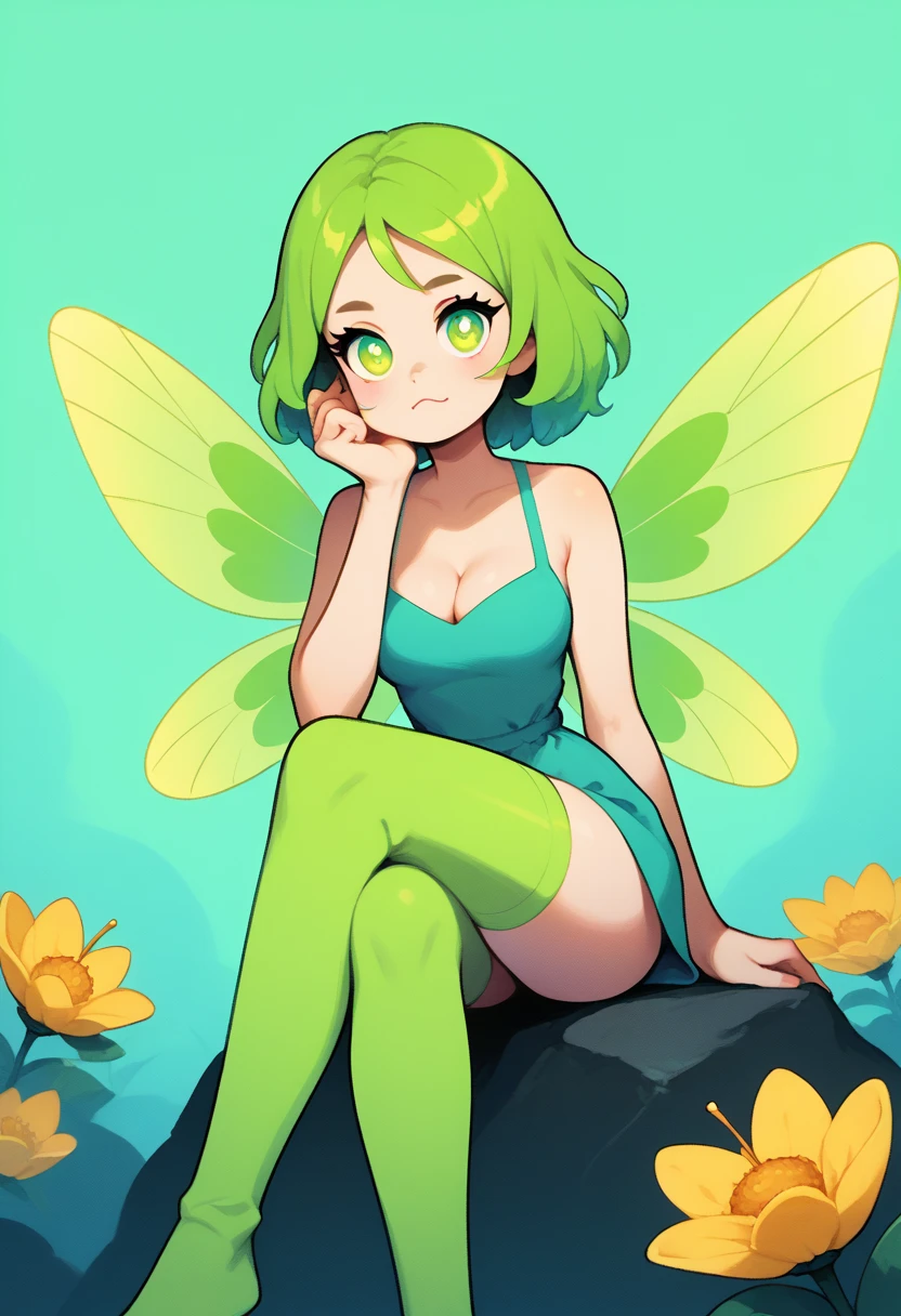 , 1 , Alone, looking_No_viewer, short_Hair, fechado_boca, colorful_eyes, green_Hair, average_breasts, thighhighs,  mini maiô green metalizado , sitting, (  crossed legs ) , head_rest, arm_support,  cleavage, thighs, toys , sitting on a rock ),  yellow butterfly wings ,  best angle, approach,Rice, expressive and beautiful 