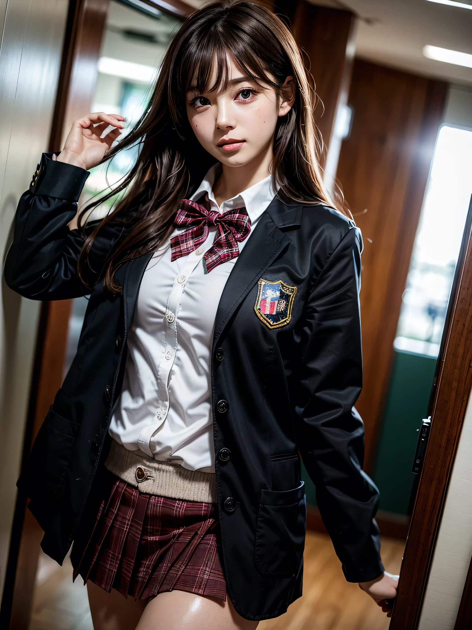 ((solo)), ((1 girl)), Panties Small、hallway、school, school field, ((Embarrassing))、1girl, brown hair, long hair, bangs, brown eyes, big breasts, large breasts, red bowtie, school uniform, black jacket, open jacket, brown cardigan, white shirt, black skirt, plaid skirt, high school girl, blush, White underwear is visible, droopy eyes, shiny skin, beautiful breasts, beautiful ass, cute face, Japanese idol, real person, front view, dynamic angle, slightly smile, hands behind back,