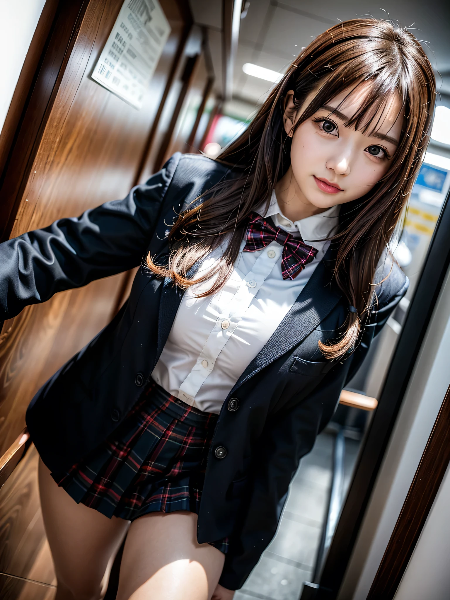 ((solo)), ((1 girl)), Panties Small、hallway、school, school field, ((Embarrassing))、1girl, brown hair, long hair, bangs, brown eyes, big breasts, large breasts, red bowtie, school uniform, black jacket, open jacket, brown cardigan, white shirt, black skirt, plaid skirt, high school girl, blush, White underwear is visible, droopy eyes, shiny skin, beautiful breasts, beautiful ass, cute face, Japanese idol, real person, front view, dynamic angle, slightly smile, hands behind back,